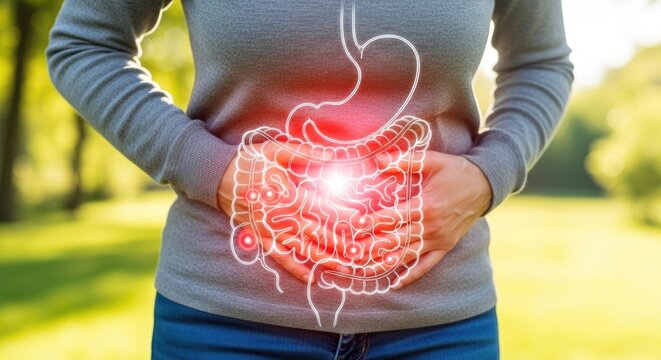 Woman clutching her abdomen, feeling discomfort, depicting intestinal disease, gastrointestinal health problems, chronic pain, in an outdoor setting