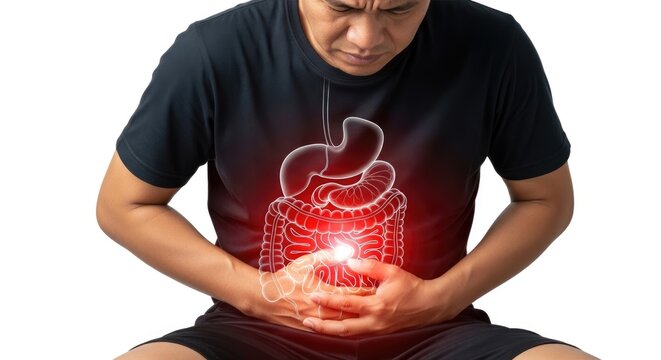 Adult man suffering intense abdominal pain, a medical concept depicting intestinal disease, gastrointestinal system inflammation, and digestive discomfort, on a clean background