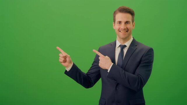 Businessman pointing to the side, a graphic icon vector, professional presenter with gesture, corporate businessman