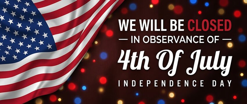 we will be closed in observance of 4th of july independence day usa flag blurred lights holiday announcement business closure.