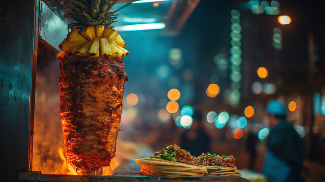 Close-up of a vertical al pastor trompo crowned with pineapple and charred glowing edges at a Mexican street taco stand at night
