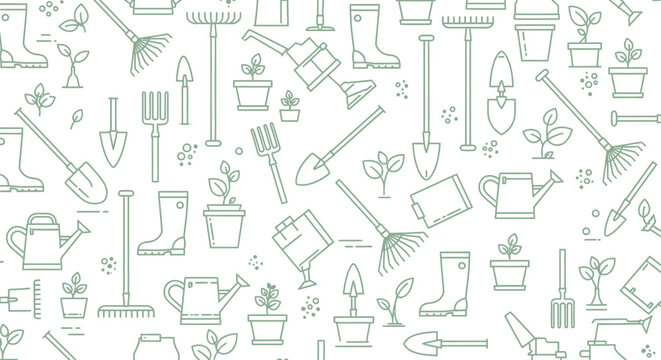 Gardening tools seamless pattern green line art vector set of watering cans boots shovels rakes forks and plants for garden work.