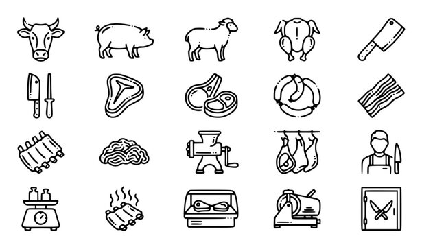 A professional outline icon set representing butcher shop operations, fresh meat cuts, farm animals like cow, pig, and sheep, raw chicken, steaks, sausages, meat grinder machines, and butchery tools. 