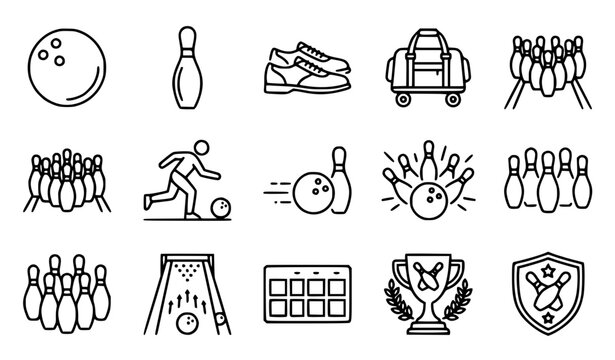 A professional outline icon set representing bowling sports, professional bowling balls, pins, strike action, player shoes, winner trophy cups, and championship scoreboard. Minimal vector line art ill