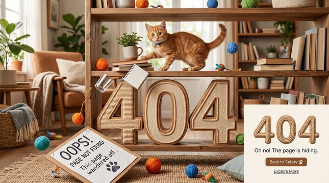 Playful Ginger Kitten Creating Funny 404 Error Scene Among Bookshelves Yarn Balls and Cozy Home Interior Decor