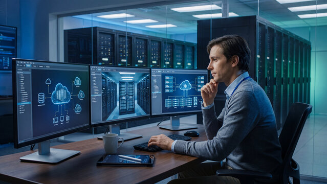 Professional analyst working with multiple computer monitors in a modern data center server room
