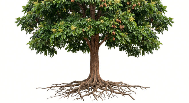 Mahogany tree with rich dense canopy and tall trunk, full root system included, isolated on white background