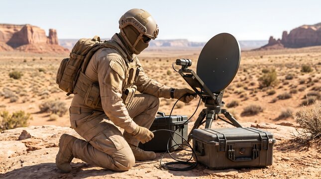 Soldier in desert camouflage gear setting up a portable satellite communication terminal for remote military field operations in arid landscape