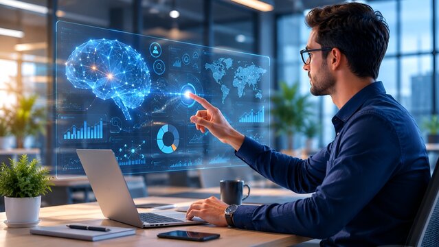 Professional Working with Artificial Intelligence Holographic Interface