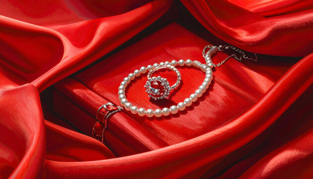 Ring and pearl necklace on red satin fabric