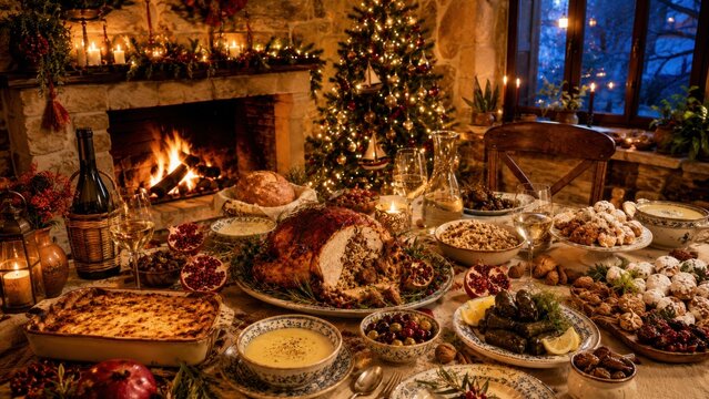 Festliches griechisches Weihnachtsessen am Kamin
Weihnachtstafel mit gef&uuml;lltem Braten, Suppe, Dolmades, Oliven, Wein und Geb&auml;ck in gem&uuml;tlicher Steinstube.