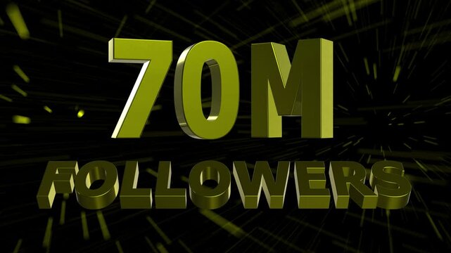 70 Million Followers Celebration Animation. 3D Social Media Milestone with Abstract Motion Lines Background 4K.