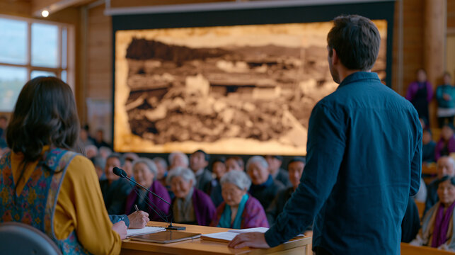 Archivist projects a faded sepia photograph of a demolished village onto a screen in a packed community hall, elders in the front row leaning forward to identify faces, a moderator taking notes, cul