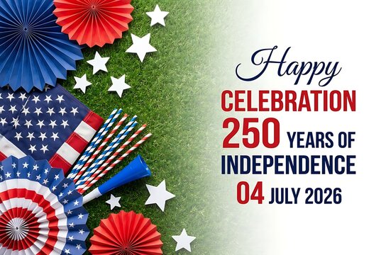 Happy 250 years of independence celebration july 4 2026, american flag decorations and party supplies on green grass background, patriotic holiday event.