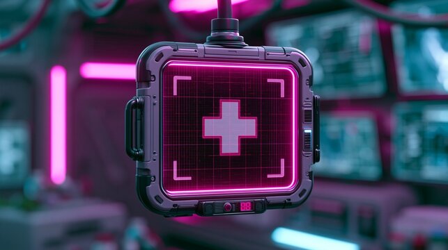 Sharp focus on a floating AIpowered medication error monitor with blurred background of a hightech control room bathed in dramatic magenta and cyan cyberpunk lighting.