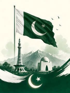 Patriotic illustration of the Pakistan flag waving above the Minar e Pakistan and Mazar e Quaid landmarks with snowy mountains in the background