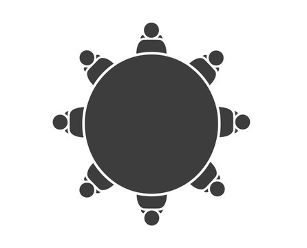 Top view silhouette icon of eight people sitting around circular table for business conference or teamwork meeting in office environment on white background.