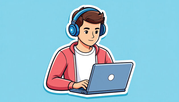 Young man wearing headphones using laptop.