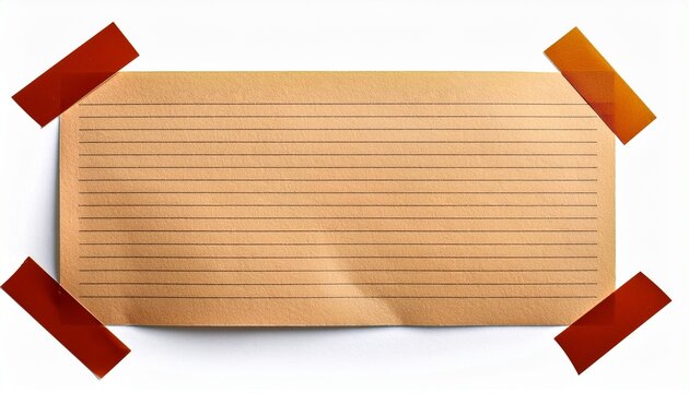a lined sheet of paper is taped to a surface ready for notes or messages isolated on white background