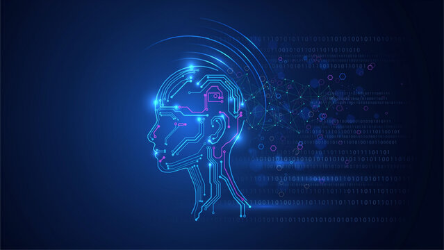 Digital human face surrounded by glowing blue binary code and network connections