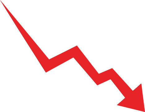 Red downward arrow graph decline trend negative performance isolated on transparent background