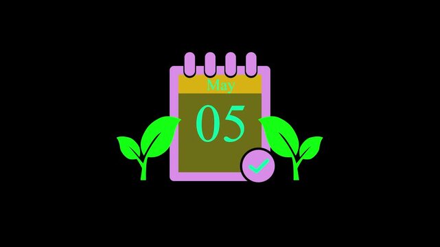 Animated Calendar Icon for May 05 on Black Background, Minimalist Pink Planner Page with Green Leaves and Checkmark Animation for Spring Schedule, Event Reminder, and Corporate Organizer.