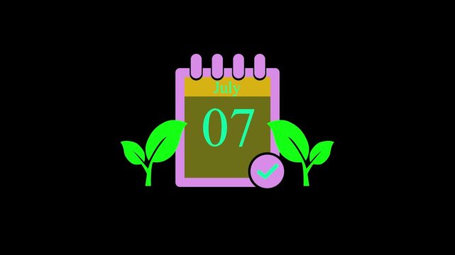 Animated Calendar Icon for July 07 on Black Background, Minimalist Pink Planner Page with Green Leaves and Checkmark Animation for Summer Schedule, Event Reminder, and Corporate Organizer.