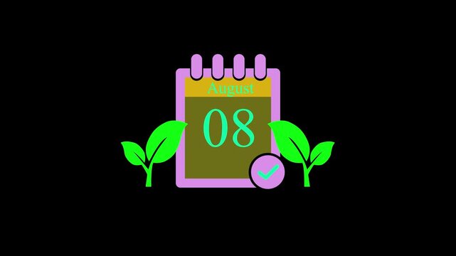 Animated Calendar Icon for August 08 on Black Background, Minimalist Pink Planner Page with Green Leaves and Checkmark Animation for Summer Schedule, Event Reminder, and Corporate Organizer.