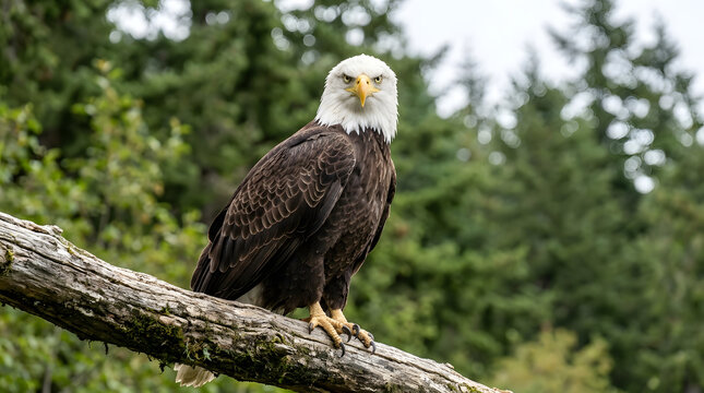 Majestic bald eagle perched on mossy tree branch in forest with wildlife