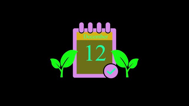 Animated Calendar Icon for December 12 on Black Background, Minimalist Pink Planner Page with Green Leaves and Checkmark Animation for Winter Schedule, Event Reminder, and Corporate Organizer.