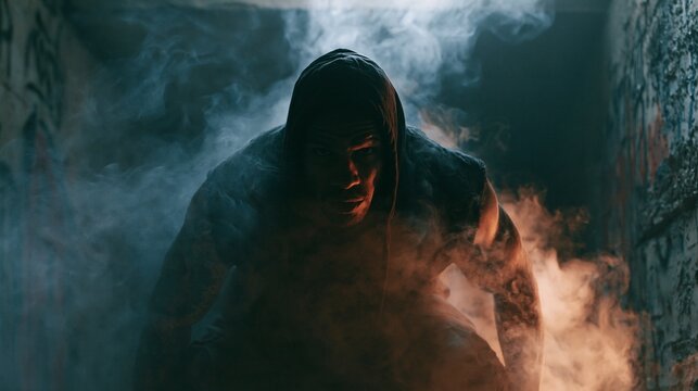 Dynamic medium shot of a rapper leaning forward through swirling smoke in a gritty underground tunnel illuminated by harsh side lighting that highlights concrete and graffiti