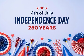 Obraz premium 4th of july independence day 250 years celebration with patriotic decorations like fans stars and straws on light blue background.