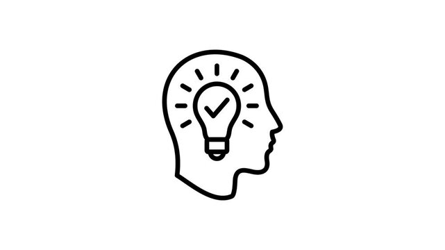 Creative idea animated icon. Head with light bulb and check mark animation video for solution, innovation, thinking, creativity, inspiration, invention, intelligence, problem solving