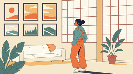 Fototapeta premium Woman stands in living room with plants and framed pictures on wall