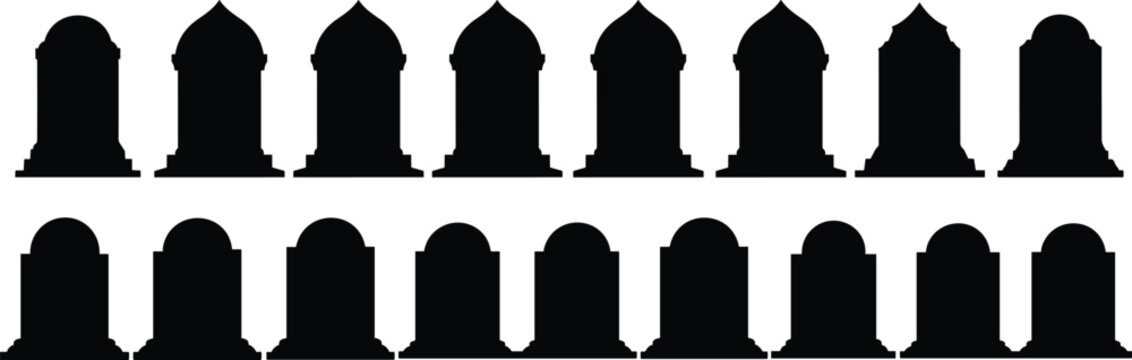 Tombstone silhouette collection, cemetery and memorial concept, death and remembrance design, funeral and grave marker theme, black and white flat vector illustration