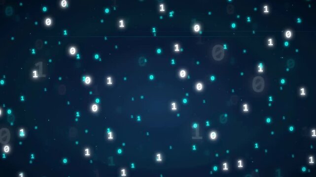 Abstract digital binary code background with floating zeros and ones in deep blue cyberspace