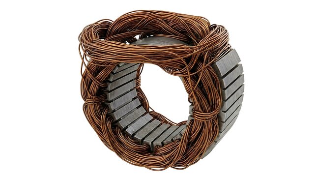 Stator of an electric motor with copper wire windings isolated on white background
