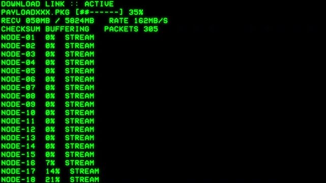 Green Tech Random Text Download Terminal With Network Node Stream Data on Black Background for Cybersecurity Interface