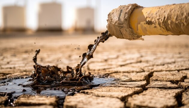 Thick, dark liquid streams from a pipe onto parched, cracked earth