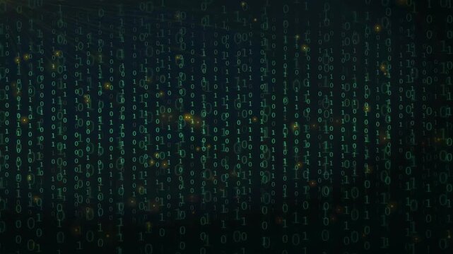 Digital binary code stream with glowing particles flowing on a dark blue technological background