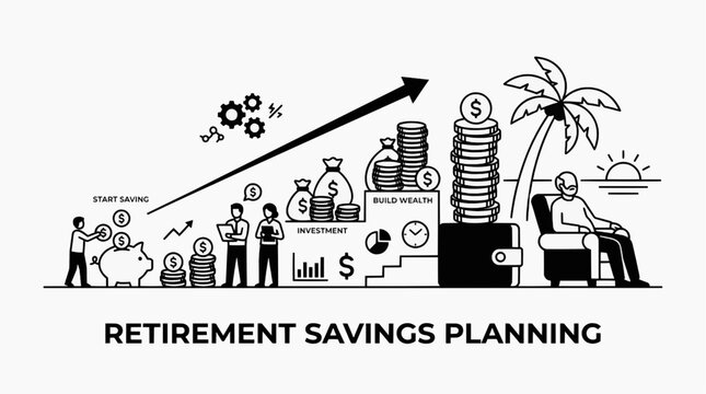 Retirement savings planning illustration showing a progression from saving coins in a piggy bank to stacks of money, wealth growth, and finally a person relaxing on a beach.