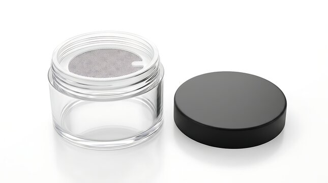 Empty cosmetic jar with a sifter and black lid isolated on white background