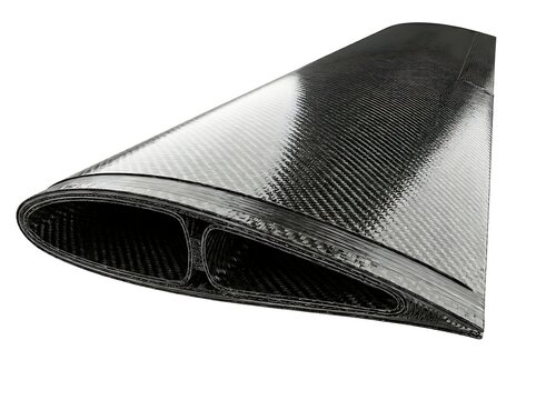 Carbon fiber aerodynamic wing profile or hydrofoil component isolated on white background