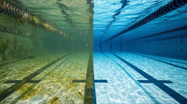 Before and after contrast of a swimming pool underwater. Split screen showing dirty green water with algae and crystal clear blue water. Pool cleaning, maintenance, and water filtration service concep