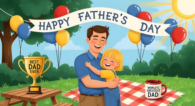 father and girl with balloons and fathers day text