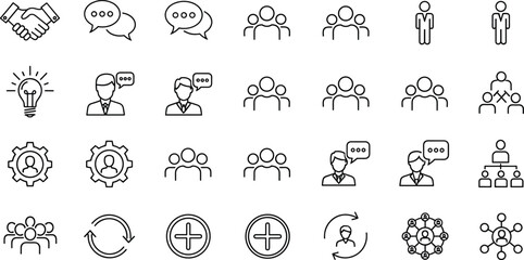 Fototapeta premium Business communication and teamwork icon collection, leadership and collaboration concept, organization and management design