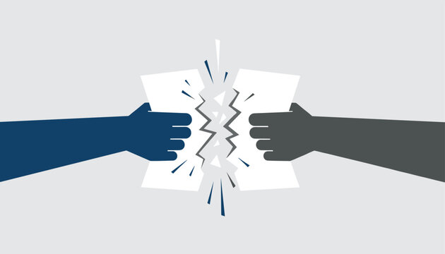 Two hands pull apart a piece of paper causing it to tear down the middle representing conflict or separation.
