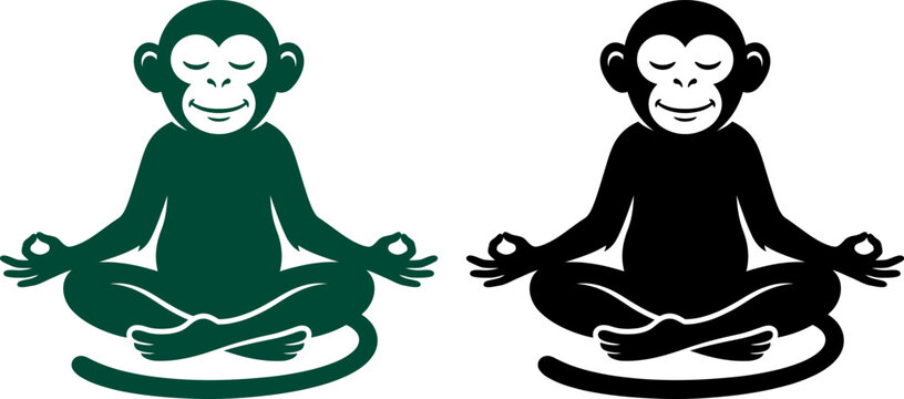 Meditating monkey in lotus position zen state yoga cartoon silhouette with meditation silhouette spirituality exercise isolated silhouette