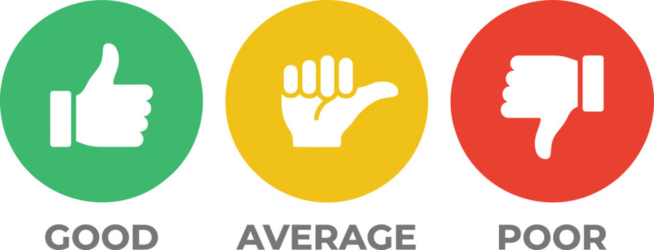 Good, average, and poor rating icons set with thumbs up, sideways, and down gestures