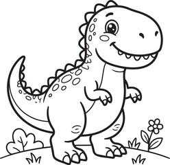 Fototapeta premium Cheerful baby tyrannosaurus rex standing in nature for children coloring book page vector line art illustration
